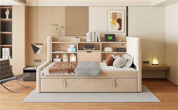 English Elm Sf000194aaa Velvet Twin Daybed with Trundle Storage and Built-in Charging for Guest Rooms N737P251568A