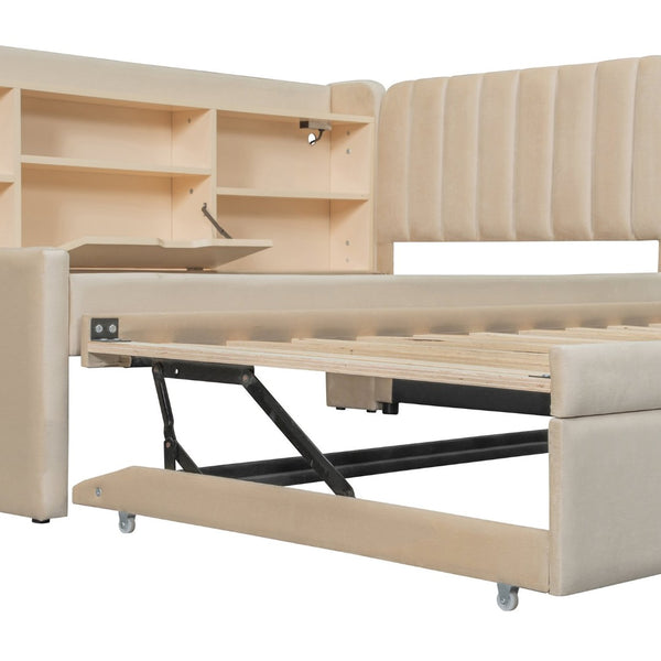 English Elm Sf000194aaa Velvet Twin Daybed with Trundle Storage and Built-in Charging for Guest Rooms N737P251568A