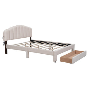 English Elm Teddy Fleece Queen Platform Bed with Led Lighting Usb Ports and Storage Drawer N737P483013A