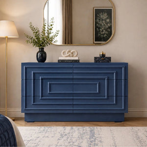 English Elm Mid Century 6 Drawer Push to Open Dresser with Geometric Panels for Bedroom or Living Room Deep Blue N739C000001C