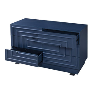 English Elm Mid Century 6 Drawer Push to Open Dresser with Geometric Panels for Bedroom or Living Room Deep Blue N739C000001C