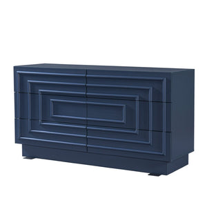 English Elm Mid Century 6 Drawer Push to Open Dresser with Geometric Panels for Bedroom or Living Room Deep Blue N739C000001C