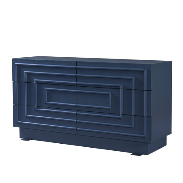 English Elm Mid Century 6 Drawer Push to Open Dresser with Geometric Panels for Bedroom or Living Room Deep Blue N739C000001C