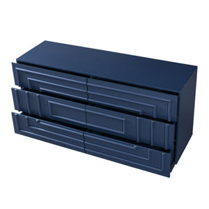 English Elm Mid Century 6 Drawer Push to Open Dresser with Geometric Panels for Bedroom or Living Room Deep Blue N739C000001C