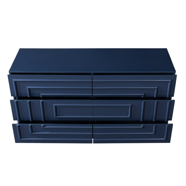 English Elm Mid Century 6 Drawer Push to Open Dresser with Geometric Panels for Bedroom or Living Room Deep Blue N739C000001C
