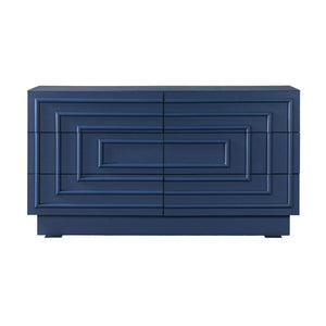 English Elm Mid Century 6 Drawer Push to Open Dresser with Geometric Panels for Bedroom or Living Room Deep Blue N739C000001C