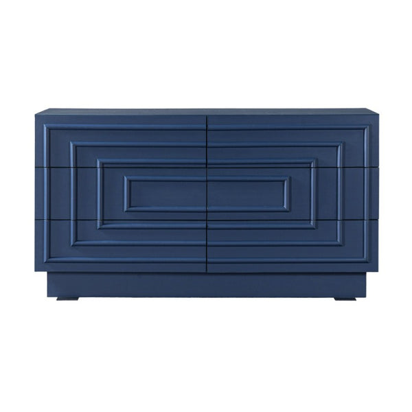 English Elm Mid Century 6 Drawer Push to Open Dresser with Geometric Panels for Bedroom or Living Room Deep Blue N739C000001C