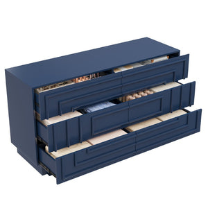 English Elm Mid Century 6 Drawer Push to Open Dresser with Geometric Panels for Bedroom or Living Room Deep Blue N739C000001C
