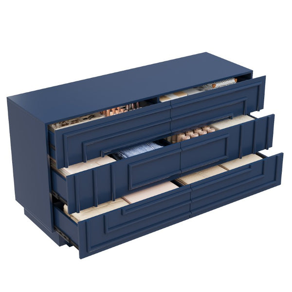 English Elm Mid Century 6 Drawer Push to Open Dresser with Geometric Panels for Bedroom or Living Room Deep Blue N739C000001C