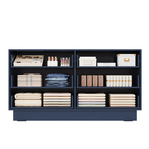 English Elm Mid Century 6 Drawer Push to Open Dresser with Geometric Panels for Bedroom or Living Room Deep Blue N739C000001C
