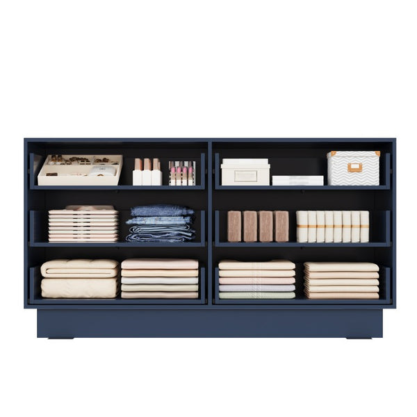 English Elm Mid Century 6 Drawer Push to Open Dresser with Geometric Panels for Bedroom or Living Room Deep Blue N739C000001C