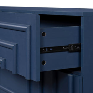 English Elm Mid Century 6 Drawer Push to Open Dresser with Geometric Panels for Bedroom or Living Room Deep Blue N739C000001C