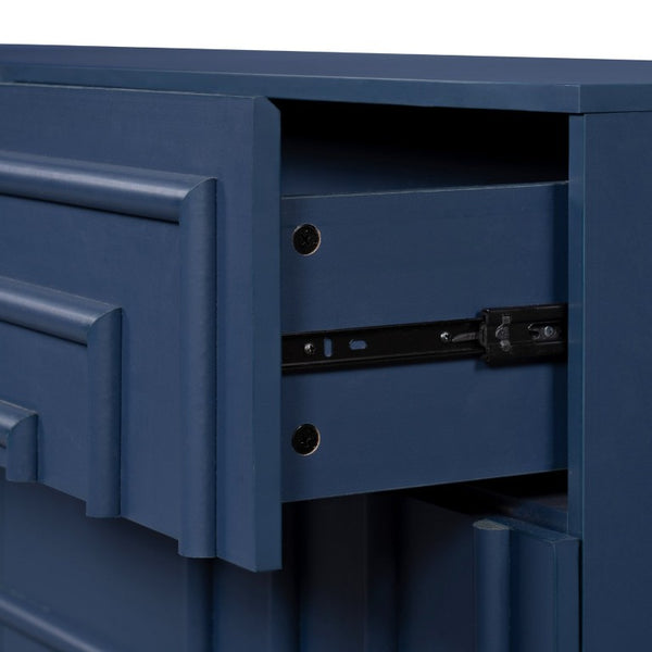 English Elm Mid Century 6 Drawer Push to Open Dresser with Geometric Panels for Bedroom or Living Room Deep Blue N739C000001C