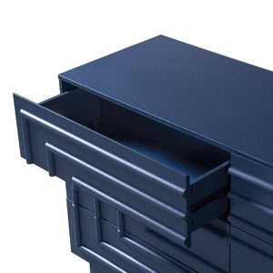 English Elm Mid Century 6 Drawer Push to Open Dresser with Geometric Panels for Bedroom or Living Room Deep Blue N739C000001C