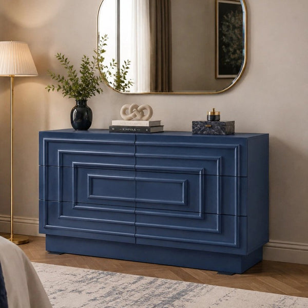 English Elm Mid Century 6 Drawer Push to Open Dresser with Geometric Panels for Bedroom or Living Room Deep Blue N739C000001C