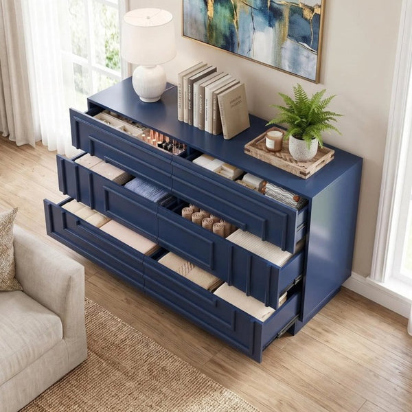English Elm Mid Century 6 Drawer Push to Open Dresser with Geometric Panels for Bedroom or Living Room Deep Blue N739C000001C