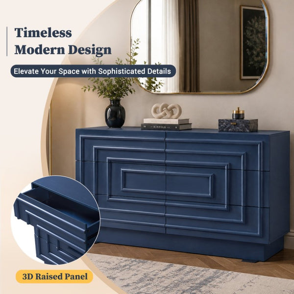 English Elm Mid Century 6 Drawer Push to Open Dresser with Geometric Panels for Bedroom or Living Room Deep Blue N739C000001C
