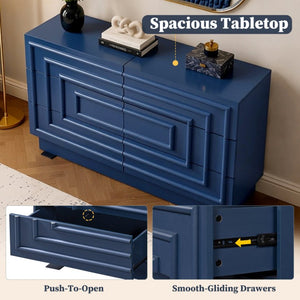 English Elm Mid Century 6 Drawer Push to Open Dresser with Geometric Panels for Bedroom or Living Room Deep Blue N739C000001C