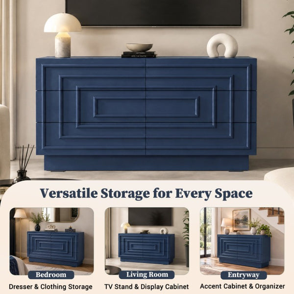 English Elm Mid Century 6 Drawer Push to Open Dresser with Geometric Panels for Bedroom or Living Room Deep Blue N739C000001C