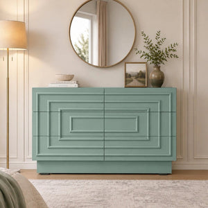English Elm Mid Century 6 Drawer Push to Open Dresser with Geometric Panels for Bedroom or Living Room Sage Green N739C000001F