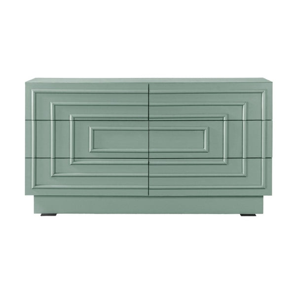 English Elm Mid Century 6 Drawer Push to Open Dresser with Geometric Panels for Bedroom or Living Room Sage Green N739C000001F