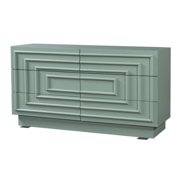 English Elm Mid Century 6 Drawer Push to Open Dresser with Geometric Panels for Bedroom or Living Room Sage Green N739C000001F