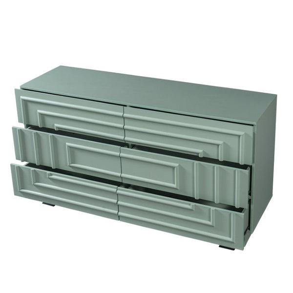 English Elm Mid Century 6 Drawer Push to Open Dresser with Geometric Panels for Bedroom or Living Room Sage Green N739C000001F
