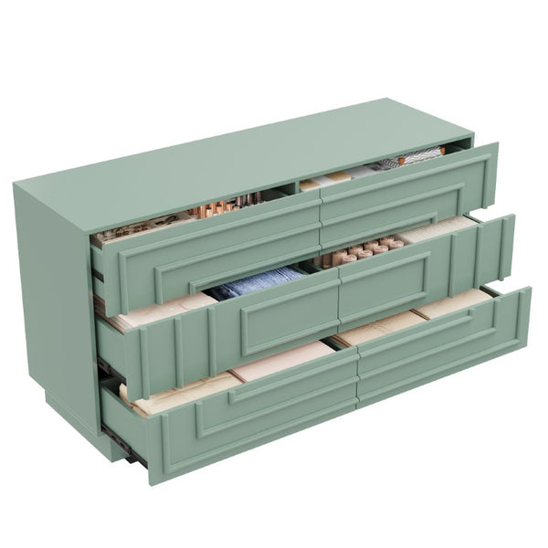 English Elm Mid Century 6 Drawer Push to Open Dresser with Geometric Panels for Bedroom or Living Room Sage Green N739C000001F