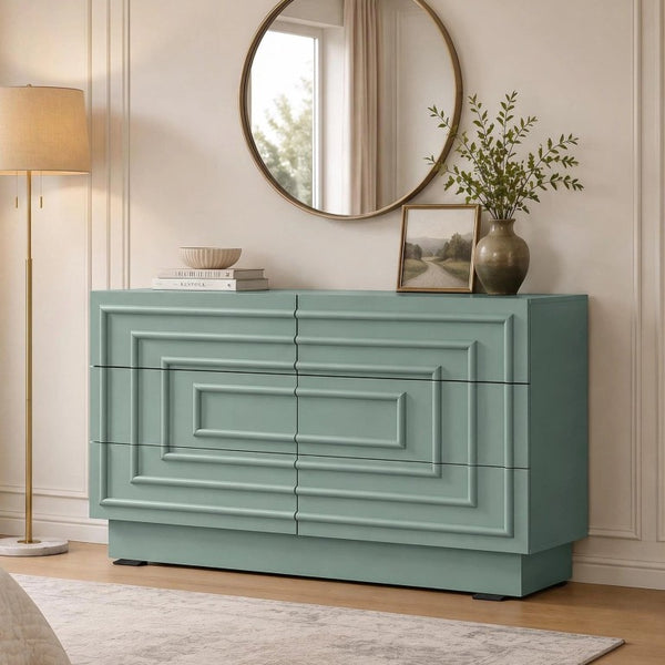 English Elm Mid Century 6 Drawer Push to Open Dresser with Geometric Panels for Bedroom or Living Room Sage Green N739C000001F