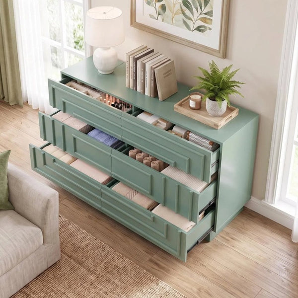 English Elm Mid Century 6 Drawer Push to Open Dresser with Geometric Panels for Bedroom or Living Room Sage Green N739C000001F