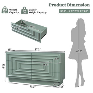 English Elm Mid Century 6 Drawer Push to Open Dresser with Geometric Panels for Bedroom or Living Room Sage Green N739C000001F