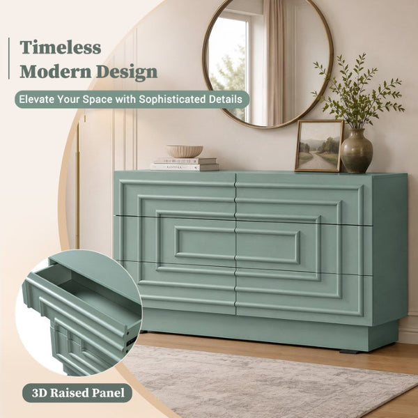 English Elm Mid Century 6 Drawer Push to Open Dresser with Geometric Panels for Bedroom or Living Room Sage Green N739C000001F