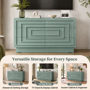 English Elm Mid Century 6 Drawer Push to Open Dresser with Geometric Panels for Bedroom or Living Room Sage Green N739C000001F