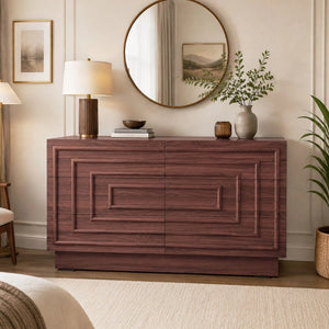 English Elm Mid Century 6 Drawer Push to Open Dresser with Geometric Panels for Bedroom or Living Room Brown N739C000001N