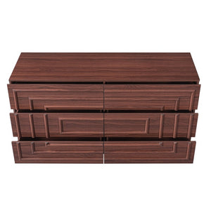 English Elm Mid Century 6 Drawer Push to Open Dresser with Geometric Panels for Bedroom or Living Room Brown N739C000001N