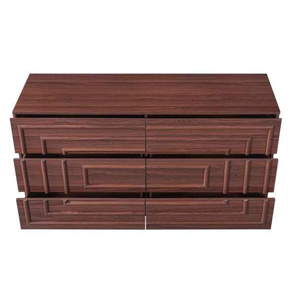 English Elm Mid Century 6 Drawer Push to Open Dresser with Geometric Panels for Bedroom or Living Room Brown N739C000001N