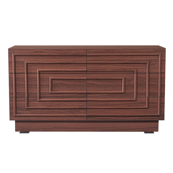 English Elm Mid Century 6 Drawer Push to Open Dresser with Geometric Panels for Bedroom or Living Room Brown N739C000001N