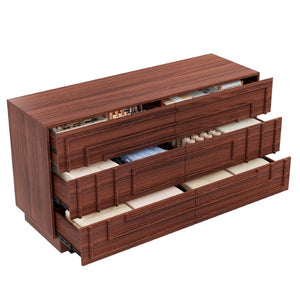 English Elm Mid Century 6 Drawer Push to Open Dresser with Geometric Panels for Bedroom or Living Room Brown N739C000001N