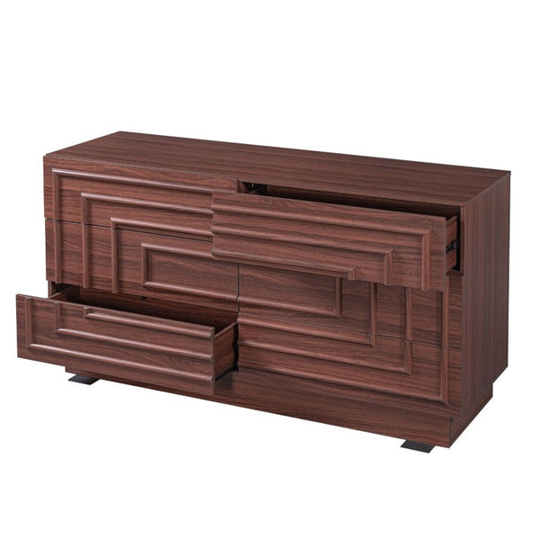 English Elm Mid Century 6 Drawer Push to Open Dresser with Geometric Panels for Bedroom or Living Room Brown N739C000001N