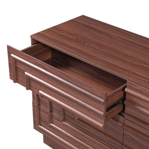 English Elm Mid Century 6 Drawer Push to Open Dresser with Geometric Panels for Bedroom or Living Room Brown N739C000001N