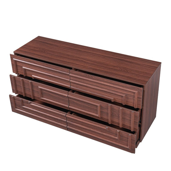 English Elm Mid Century 6 Drawer Push to Open Dresser with Geometric Panels for Bedroom or Living Room Brown N739C000001N