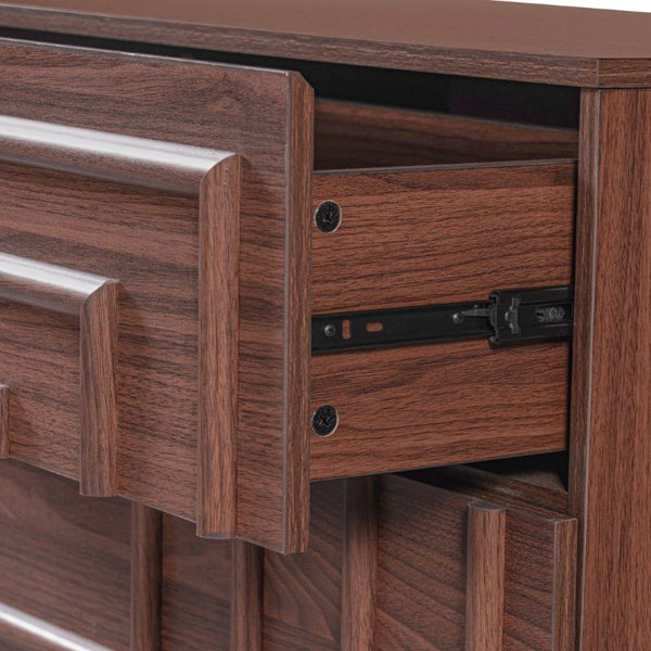 English Elm Mid Century 6 Drawer Push to Open Dresser with Geometric Panels for Bedroom or Living Room Brown N739C000001N
