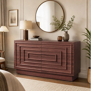English Elm Mid Century 6 Drawer Push to Open Dresser with Geometric Panels for Bedroom or Living Room Brown N739C000001N