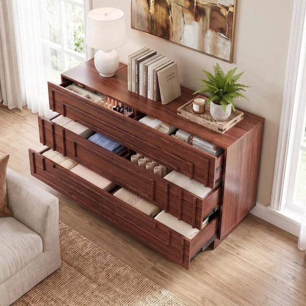 English Elm Mid Century 6 Drawer Push to Open Dresser with Geometric Panels for Bedroom or Living Room Brown N739C000001N