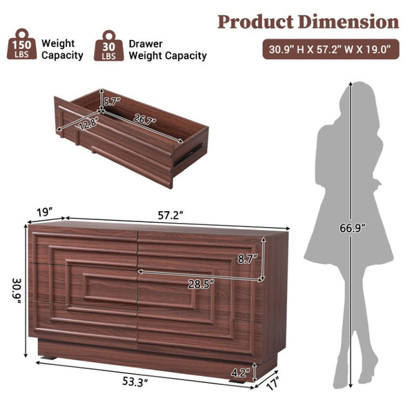 English Elm Mid Century 6 Drawer Push to Open Dresser with Geometric Panels for Bedroom or Living Room Brown N739C000001N