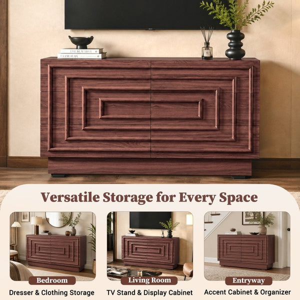 English Elm Mid Century 6 Drawer Push to Open Dresser with Geometric Panels for Bedroom or Living Room Brown N739C000001N