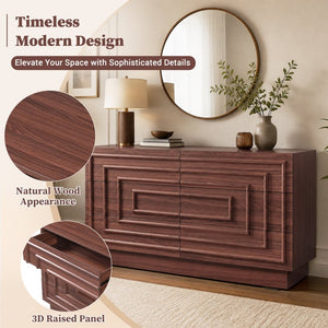English Elm Mid Century 6 Drawer Push to Open Dresser with Geometric Panels for Bedroom or Living Room Brown N739C000001N