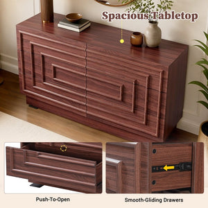 English Elm Mid Century 6 Drawer Push to Open Dresser with Geometric Panels for Bedroom or Living Room Brown N739C000001N