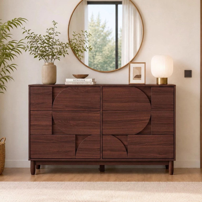 English Elm Mid Century 6 Drawer Dresser with Sculpted Fronts and Rubberwood Legs for Bedroom Warm Brown N739C000002N