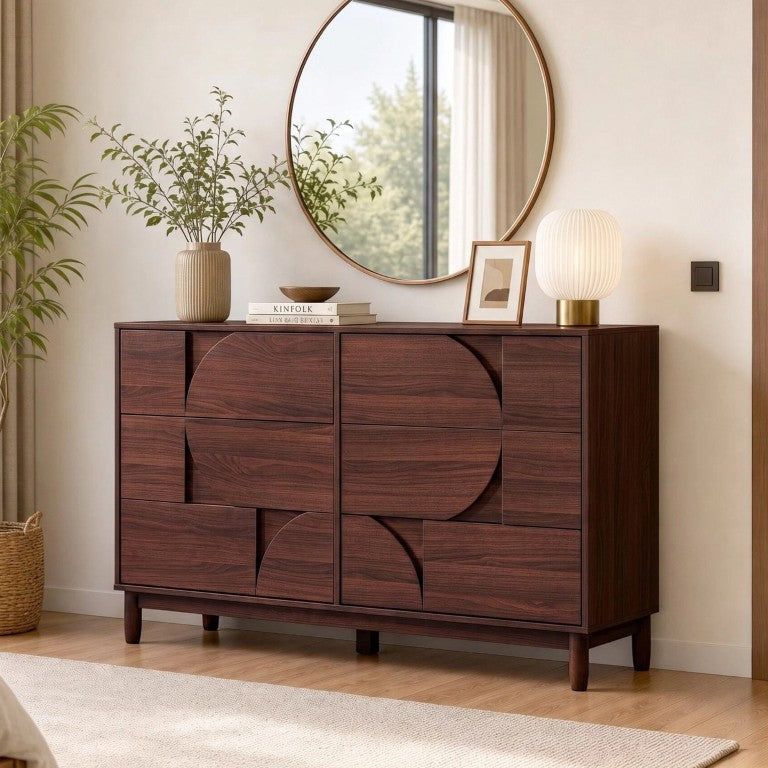 English Elm Mid Century 6 Drawer Dresser with Sculpted Fronts and Rubberwood Legs for Bedroom Warm Brown N739C000002N